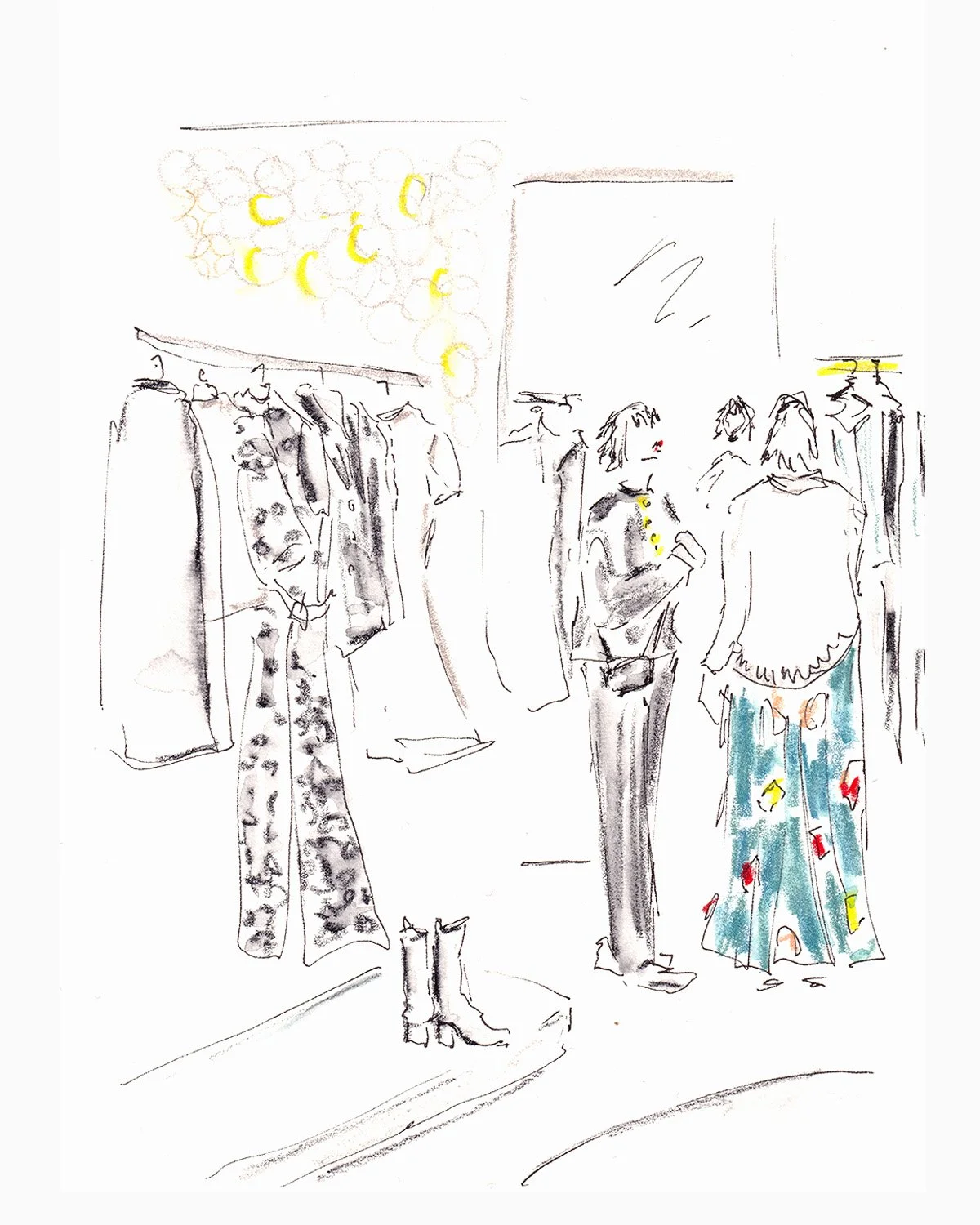 A sketch of a clothing store interior with racks of clothes, a mannequin with boots, and two women browsing the clothing, one with short hair and the other with long curly hair, wearing colorful pants.