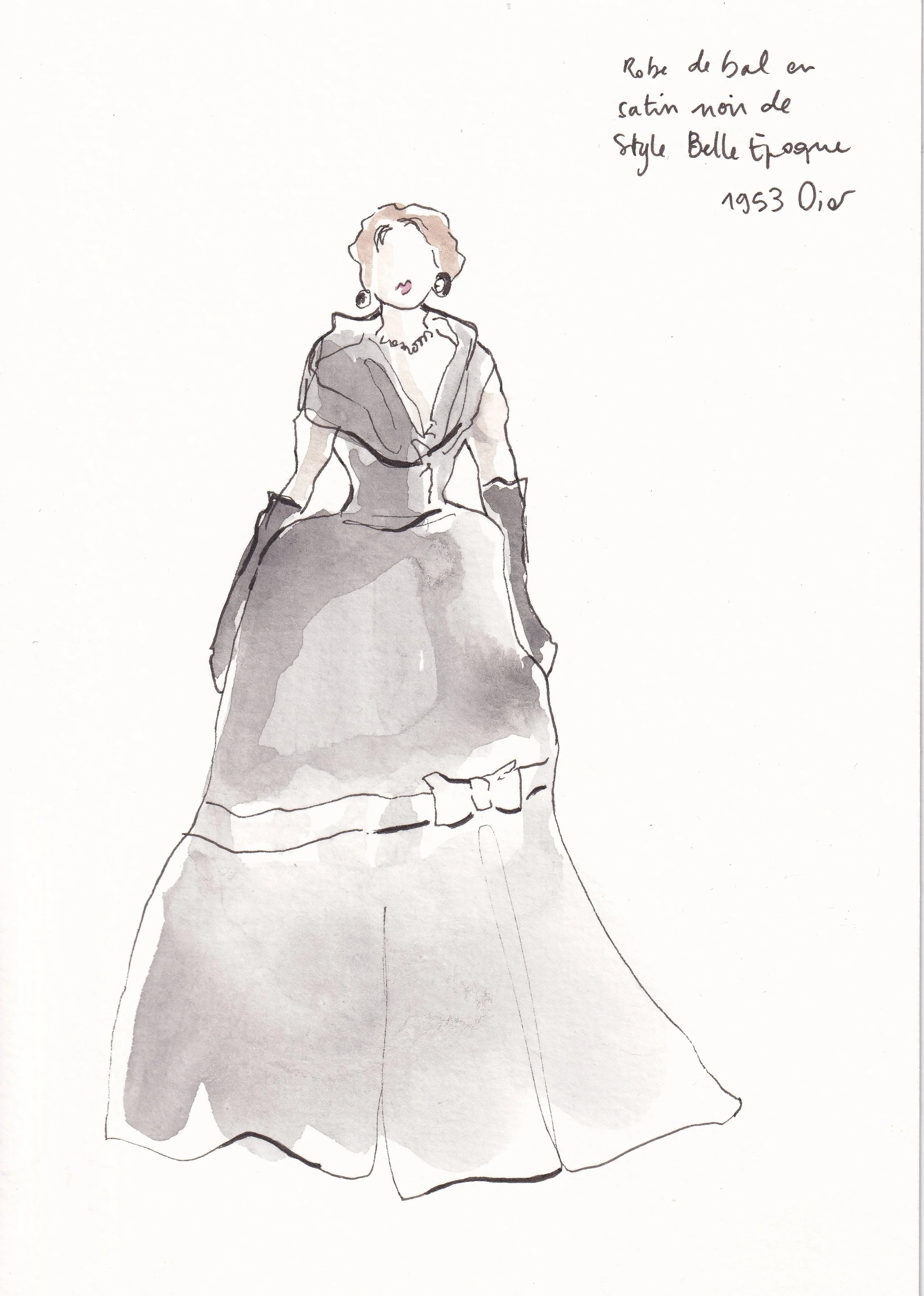 A watercolor sketch of a woman in an elegant vintage gown with a full skirt, wearing jewelry, and a shawl draped over her shoulders. French handwritten notes describe the dress as a 1953 black satin evening gown with style by Belle Trogne.
