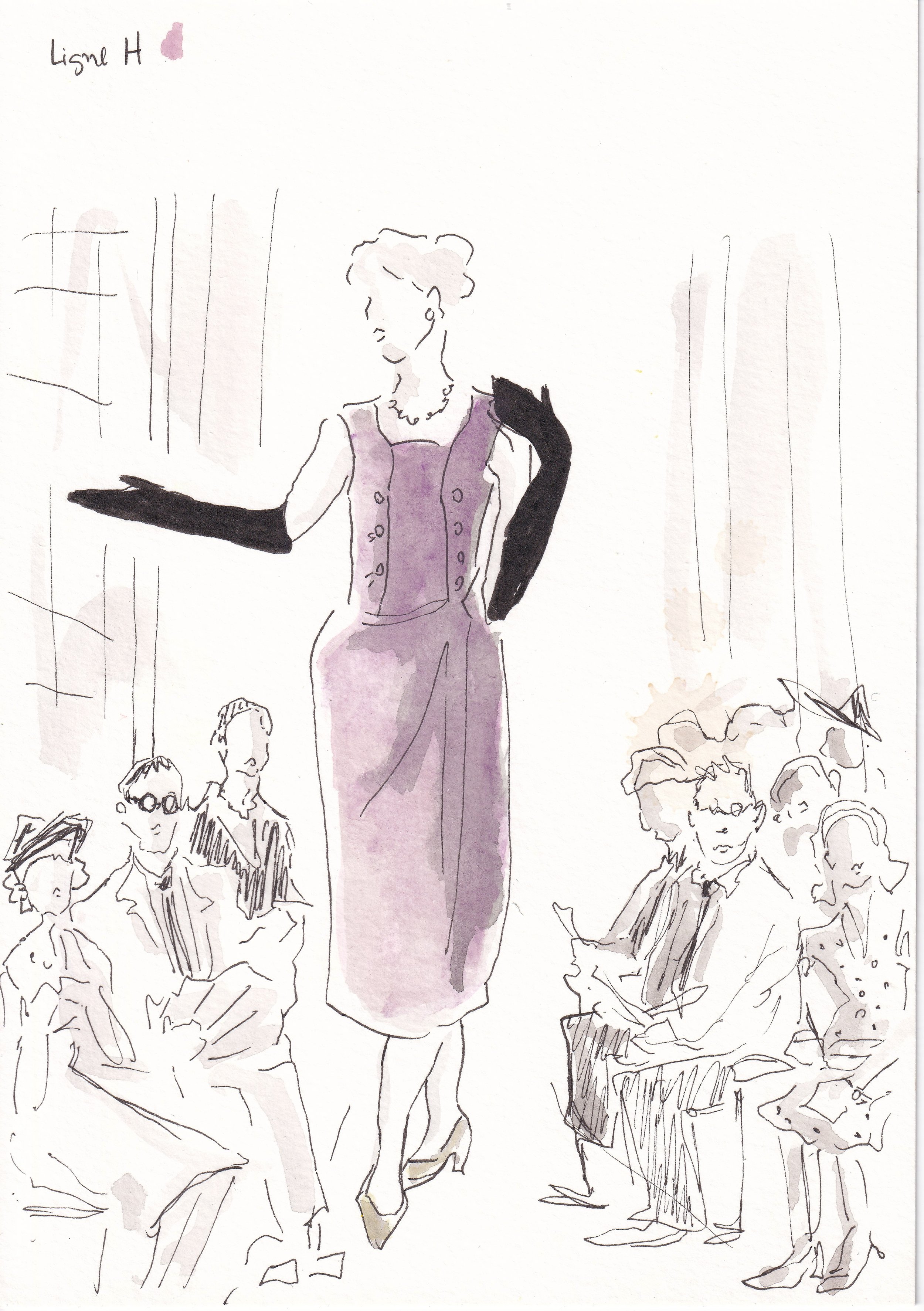 A sketch of a woman in a purple dress with long gloves, standing among seated and standing people, some with glasses, in an indoor setting. Handwritten notes and a color swatch labeled 'Light H' are visible.