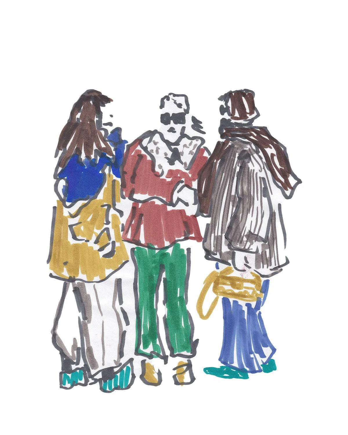 Colorful sketch of three women standing together, dressed in vibrant clothing, with one woman holding a yellow handbag.