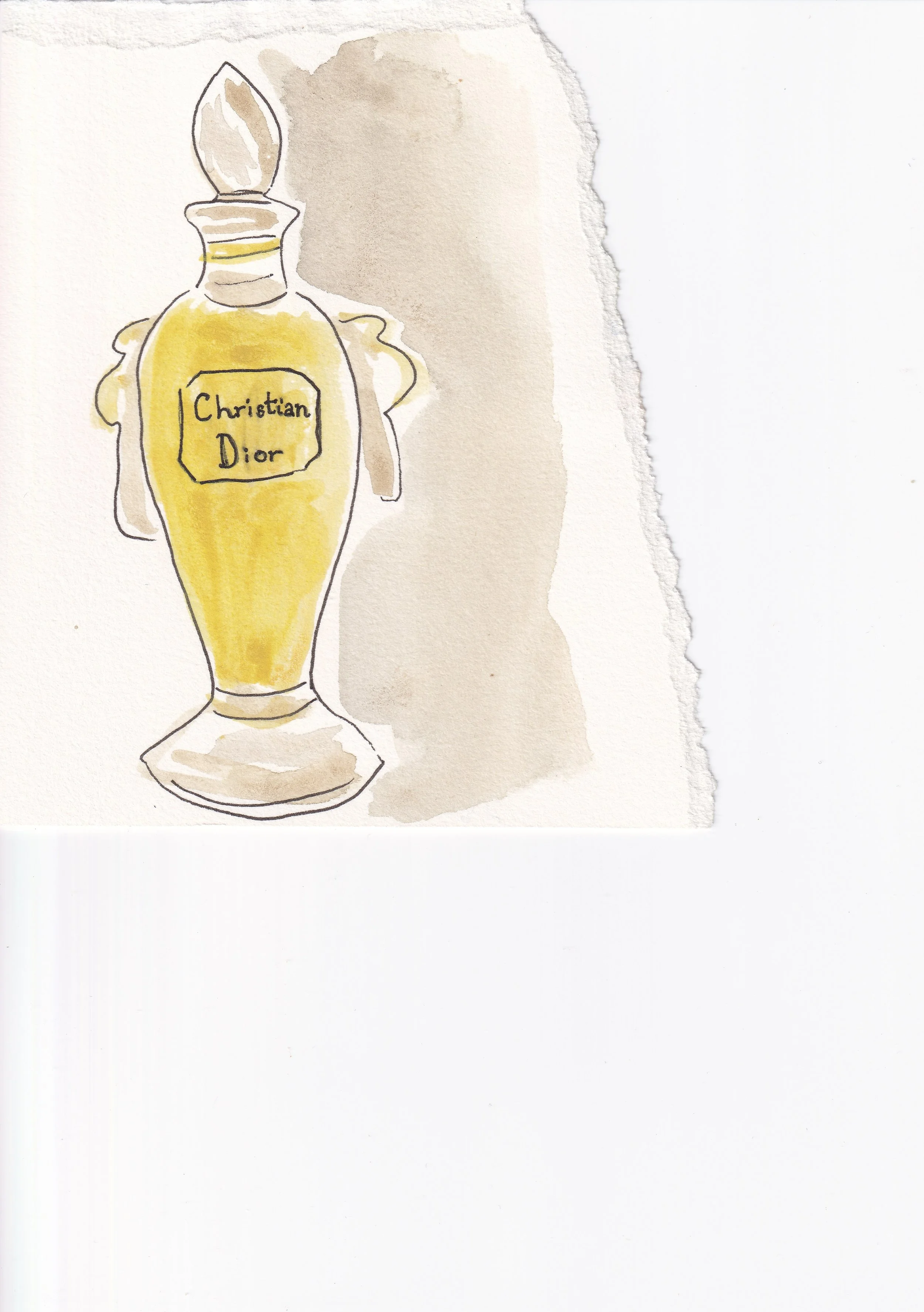 Watercolor illustration of a perfume bottle labeled 'Christian Dior' with a simple design and soft colors.