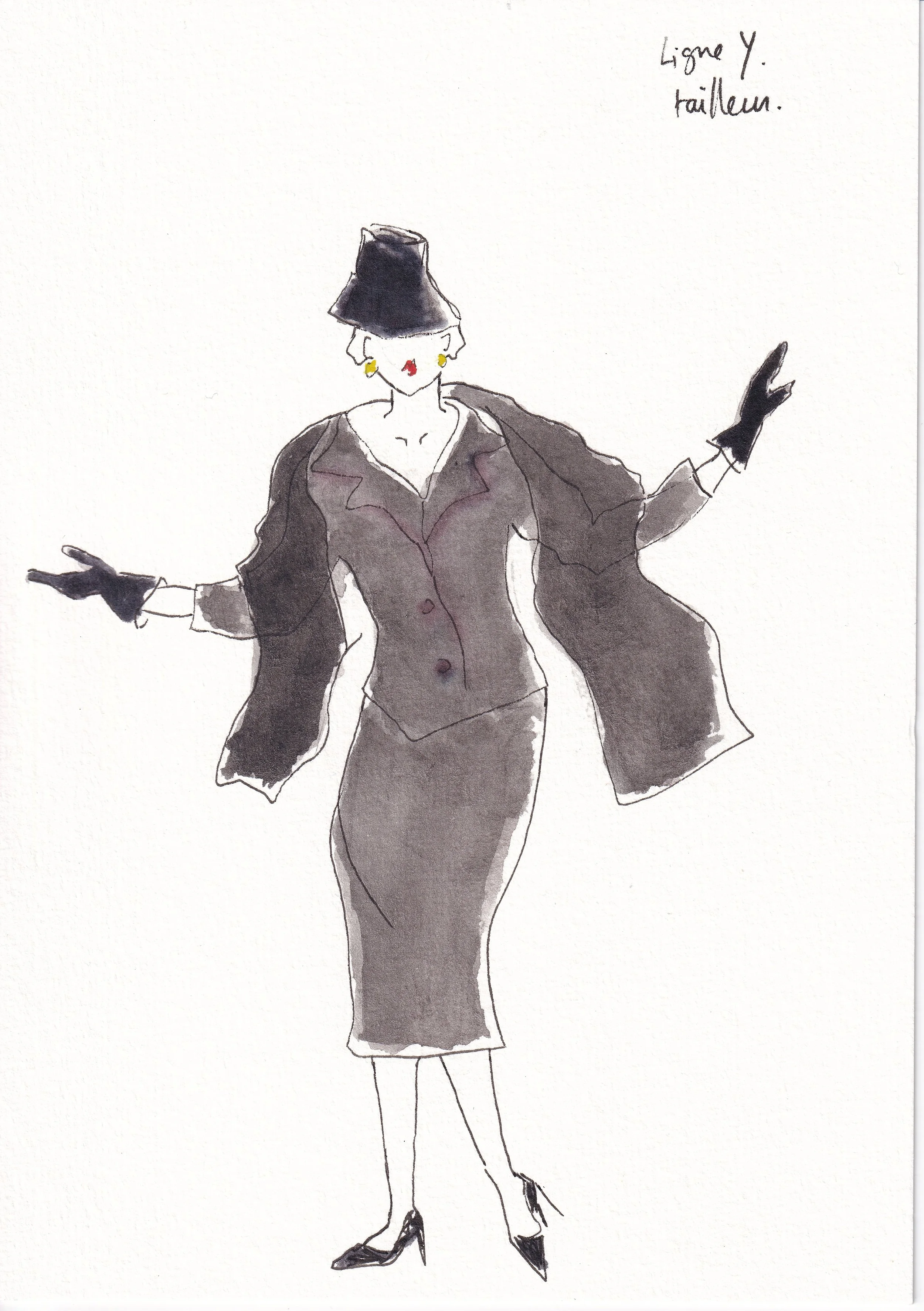 Hand-drawn fashion illustration of a woman in a black hat, black gloves, a fitted black blazer, and a matching black skirt with pointed high heels. The woman has earrings and red lipstick. Handwritten text in the top right corner reads "Ligne Y. tail