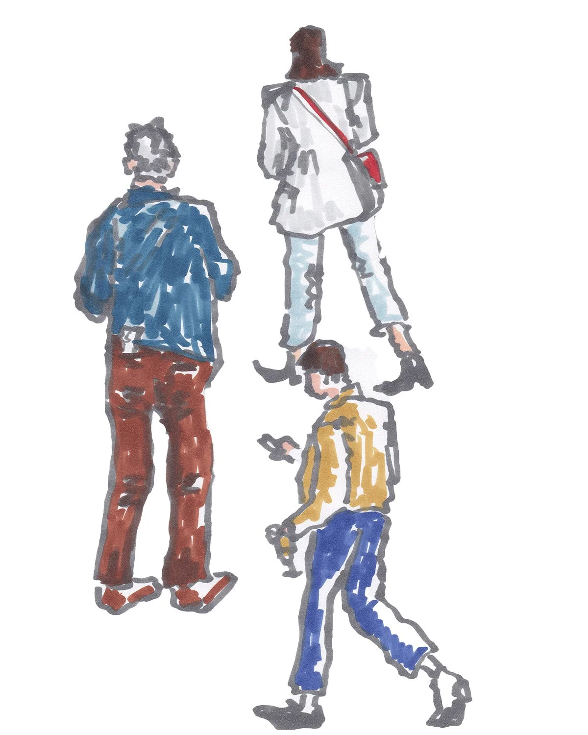 Colorful sketch illustration of four people, two adults and two children, viewed from behind, walking on a white background.