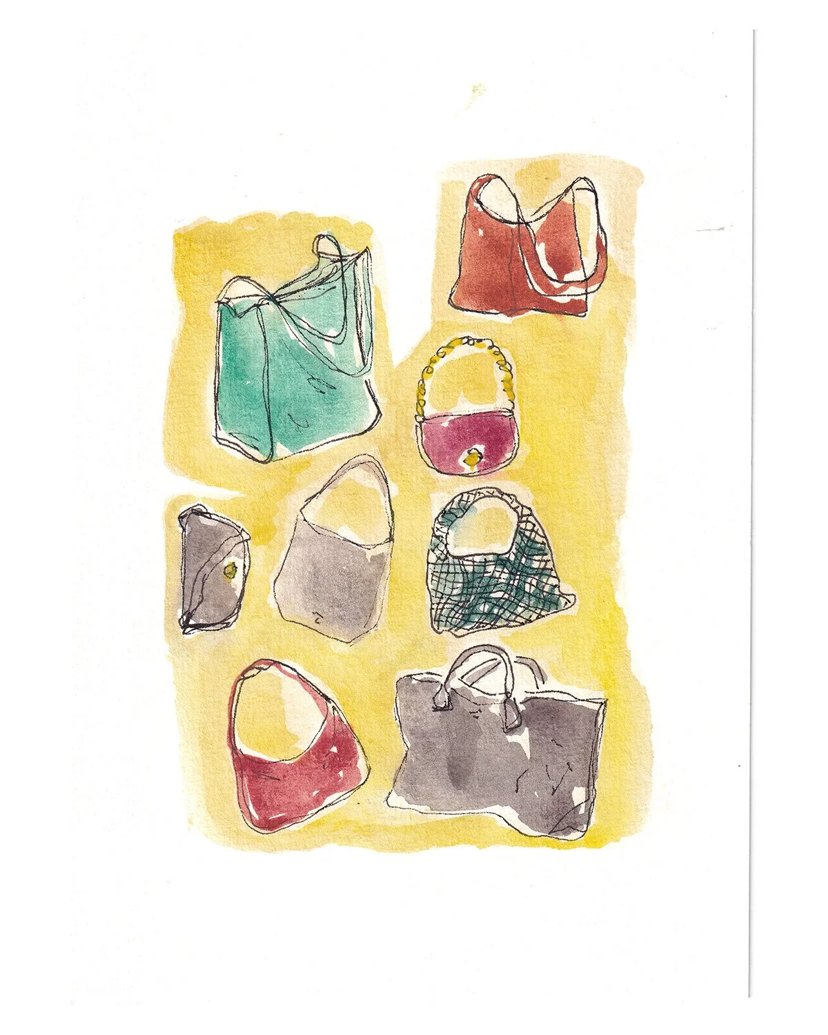 A watercolor illustration of various handbags and purses in different shapes, sizes, and colors, arranged on a yellow background.