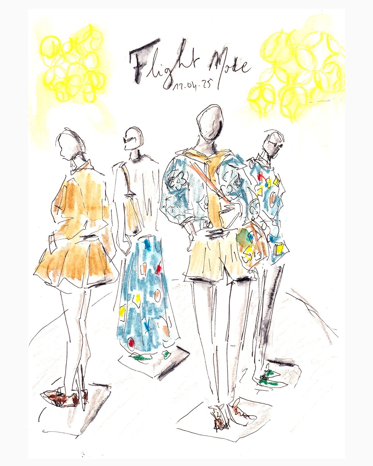 Sketch of four fashion models on a runway, wearing colorful and patterned outfits, with a yellow floral background and the text 'Flight Mode' and date '11.04.25' at the top.