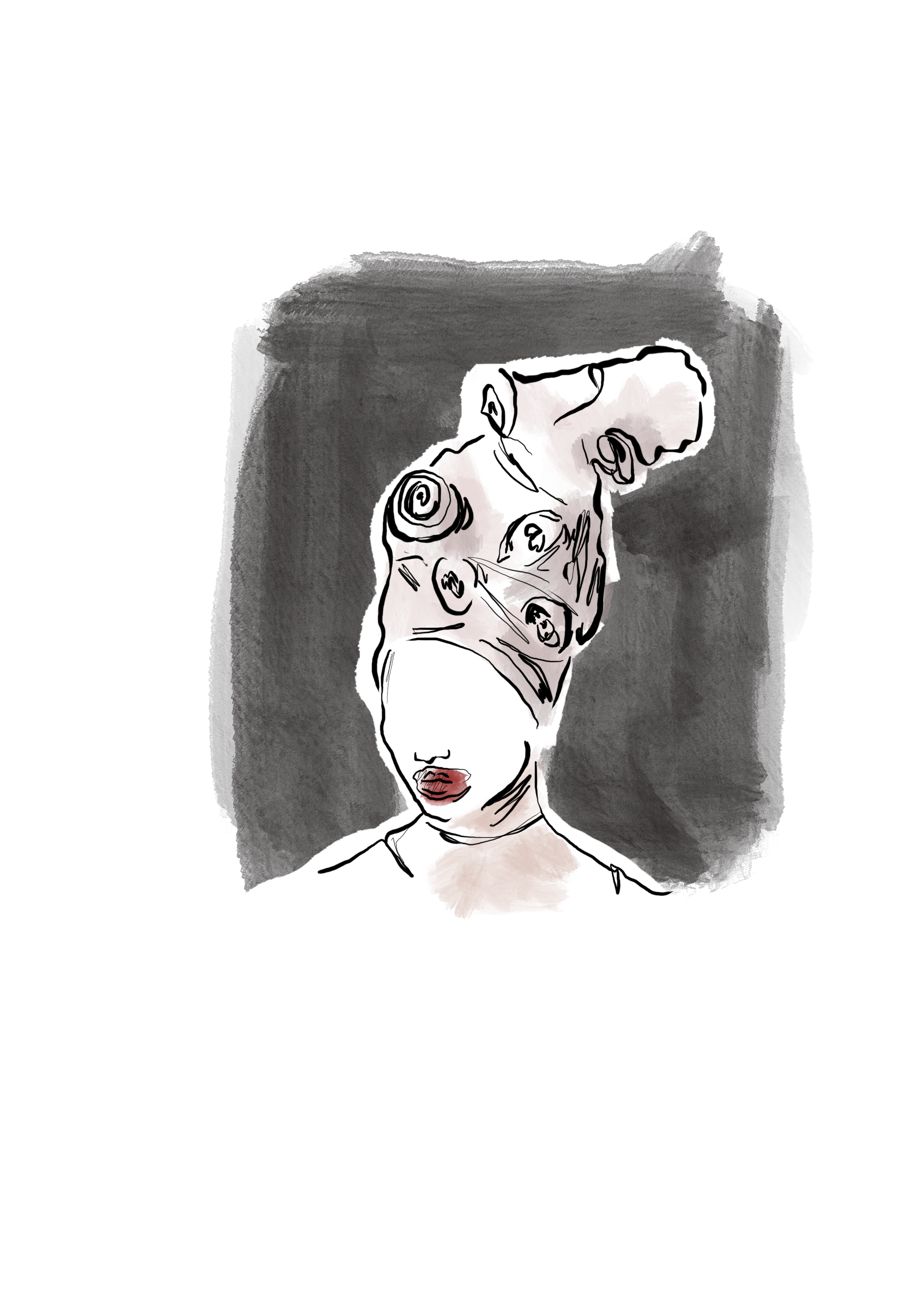 An abstract illustration of a woman with short, dark hair, glasses, and red lipstick, holding her hand to her face, with a large dark shape in the background.