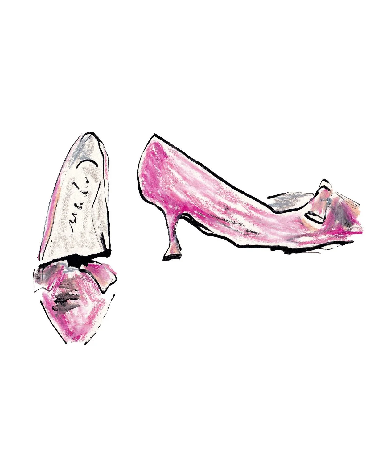 A watercolor-style drawing of a pink high-heeled shoe and a shoe box displaying the brand name.