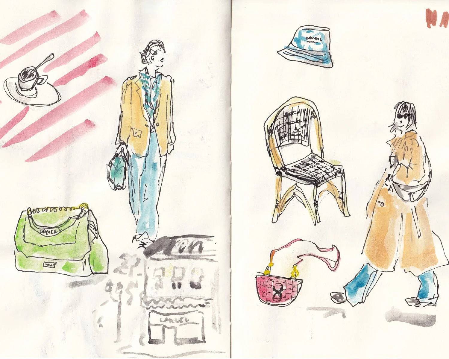 A colorful sketch of two women and a man in a casual setting with bags, chairs, and a tray with a cup, with pink stripes in the background on the left side.