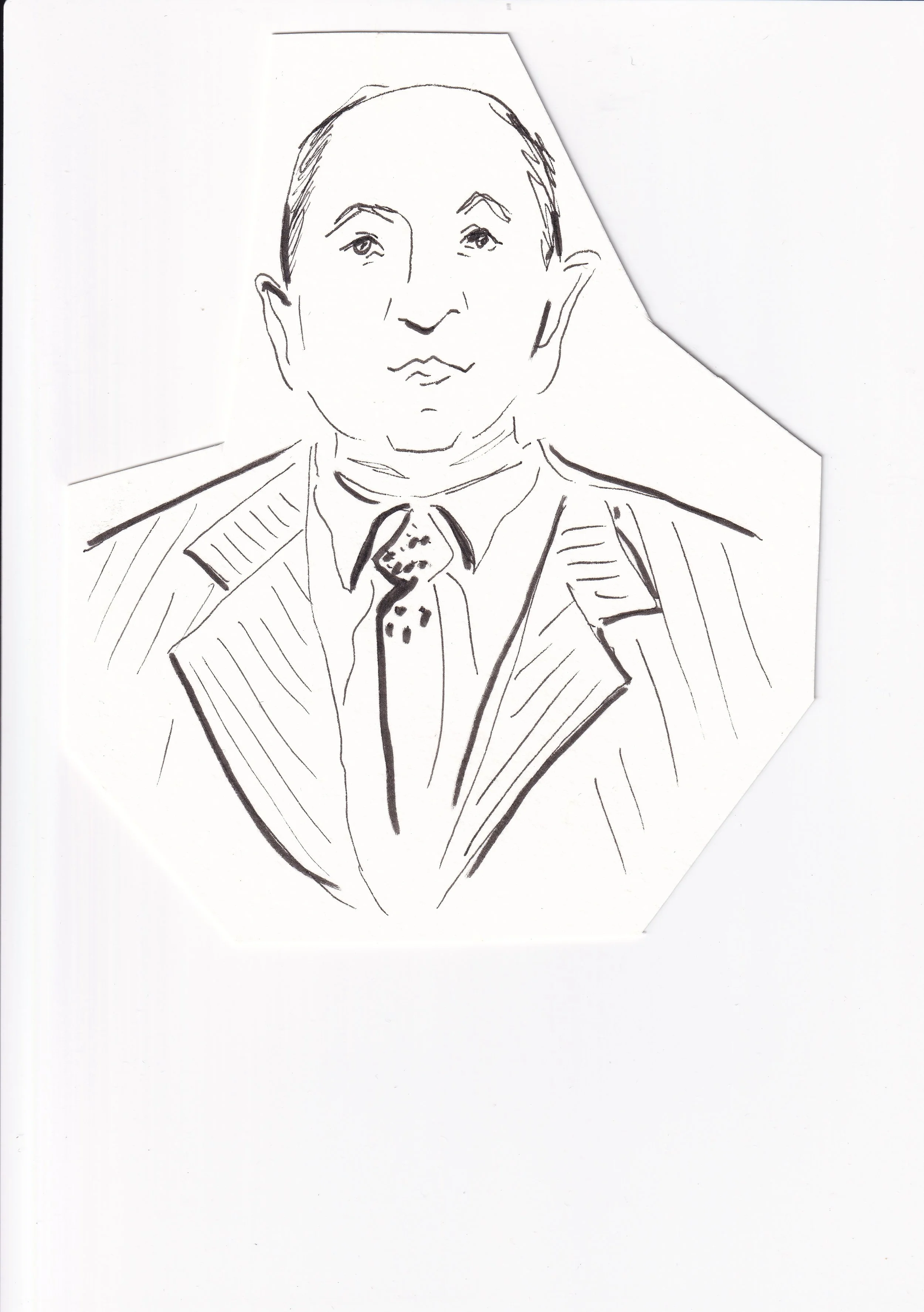 A line drawing of a man in a suit with a bow tie, with short hair and a serious expression.