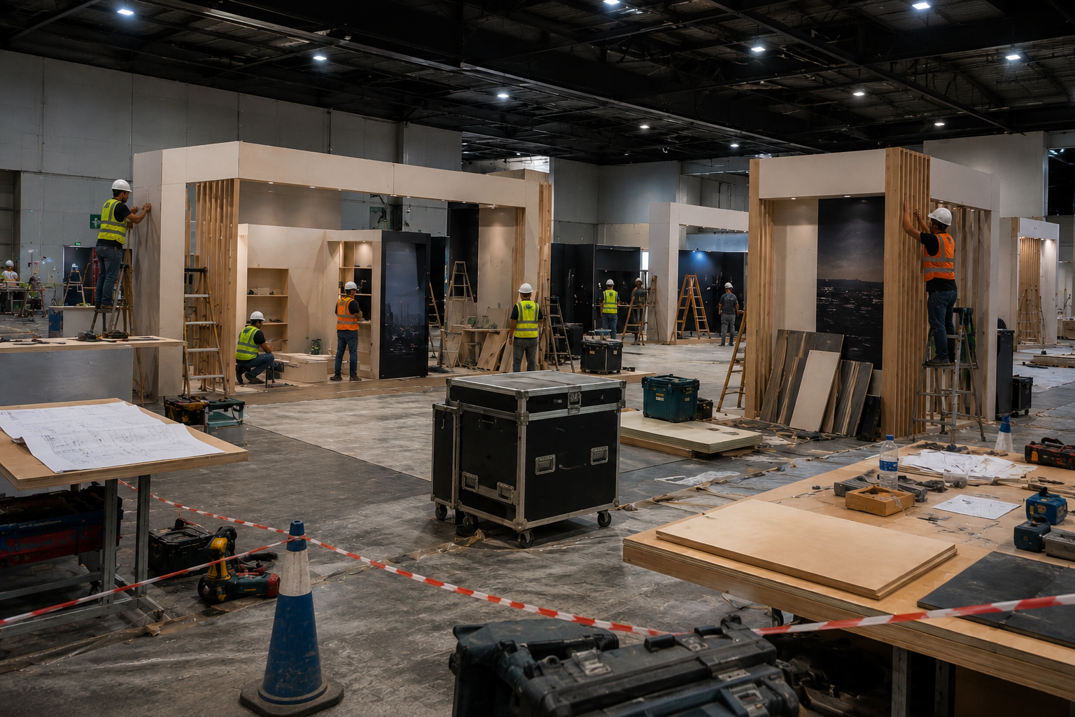 Construction workers assembling interior walls in a large exhibition or event space, with tools and materials scattered around.