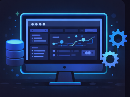 Digital computer monitor displaying data analytics, graphs, and charts with gear icons indicating settings or configuration.