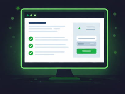 Computer screen displaying a form or survey with checkmarks and input fields, illuminated with a green glow.