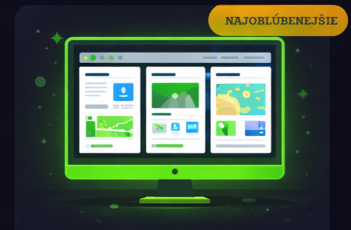 Digital illustration of a computer monitor displaying various webpage thumbnails, with a dark background and green accents, and a yellow badge in the top right corner labeled 'NAJOBĽÚBENEJŠIE'.