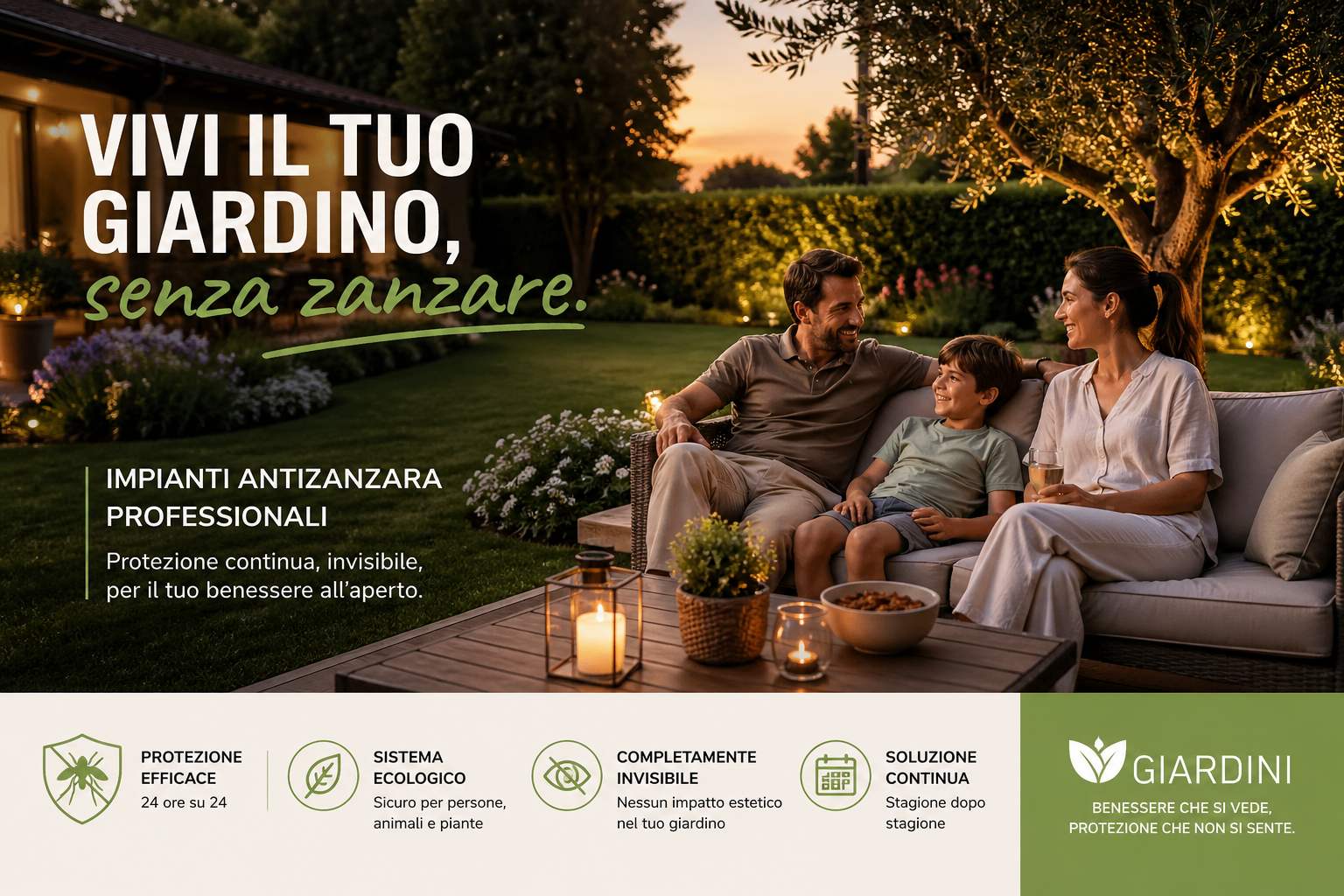 impianto antizanzare Venezia giardino vivibile al tramonto senza insetti trattamento efficace, famiglia in giardino al tramonto senza zanzare ambiente protetto e naturale, 
impianto antizanzare cliente Veneto giardino vivibile senza insetti sistema i