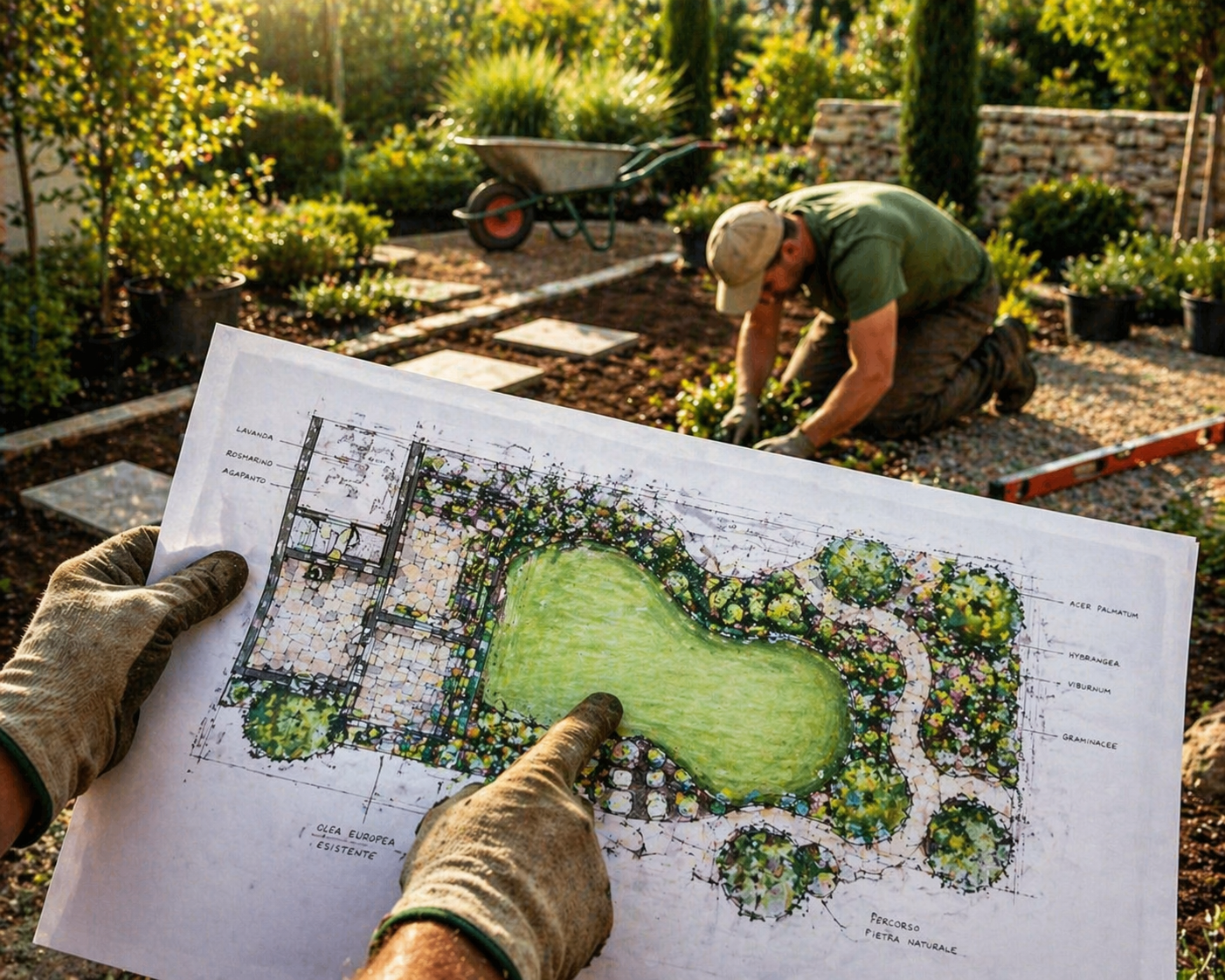 A person holds a garden design blueprint over a garden bed, with another person working on planting in the background, in a well-maintained garden during sunlight.