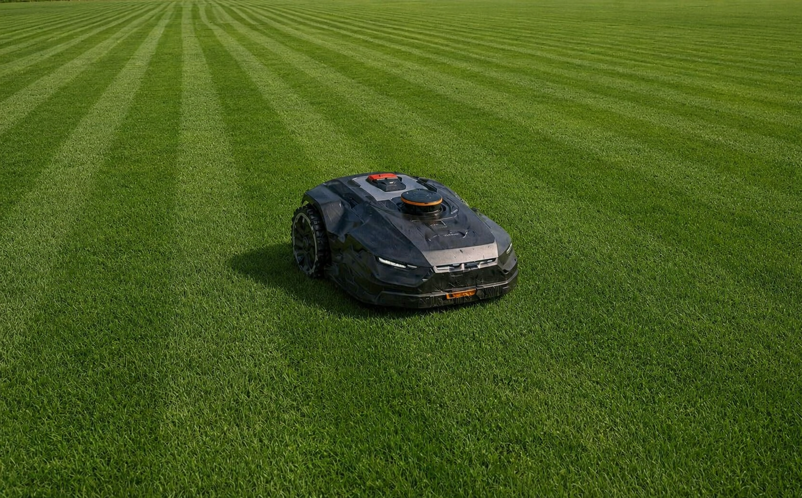 A robotic lawn mower on a well-maintained grassy lawn with alternating light and dark green stripes.  robot tagliaerba su prato verde con taglio uniforme a righe, 
installazione robot tagliaerba cliente Veneto prato perfetto gestione automatica