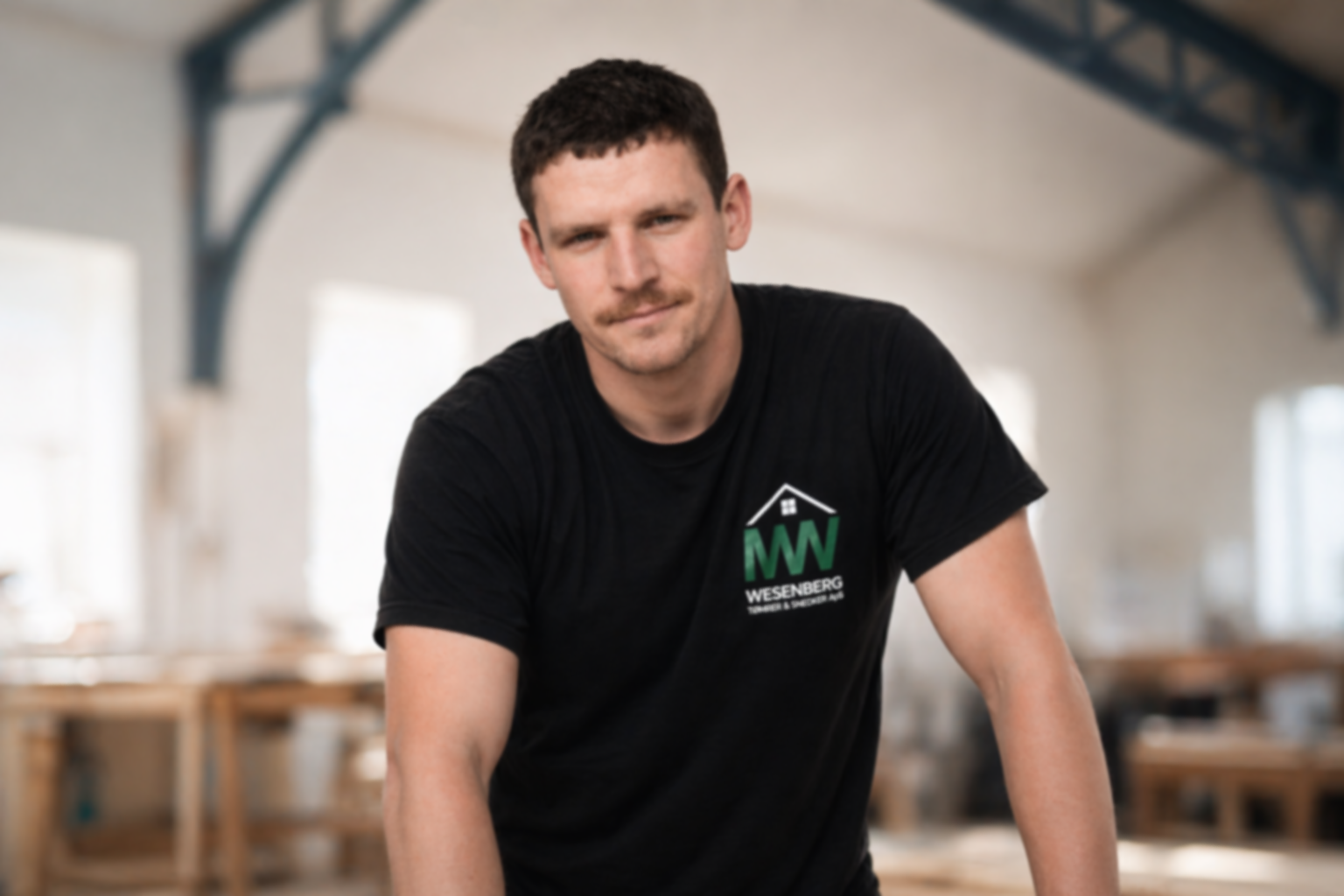 En mand med kort mørkt hår og skæg, iført sort T-shirt med logo, står i et værksted eller skur med træborde i baggrunden. Mikkel Wesenberg Lyngsø. Tømrer i Jylland Fredericia Vejle Horsens middelfart. Terrasse. Køkken. Håndværker. Renovering.