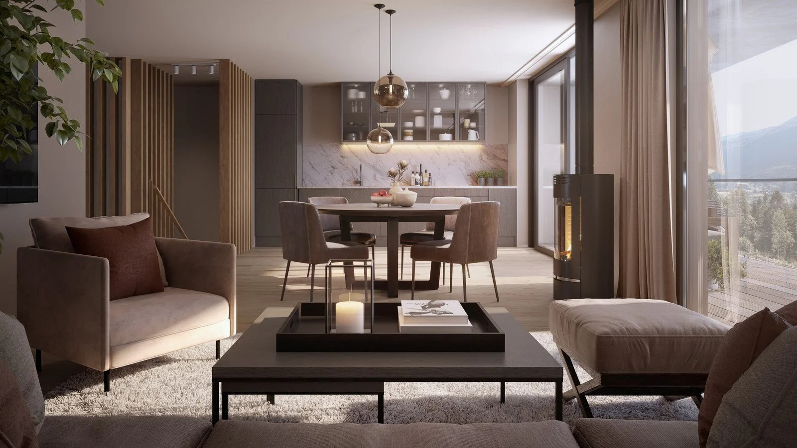 Moderne, åpen stue og spisestue med store vinduer, spisebord med seks stoler, sofaer, peis, og dekorative elementer.