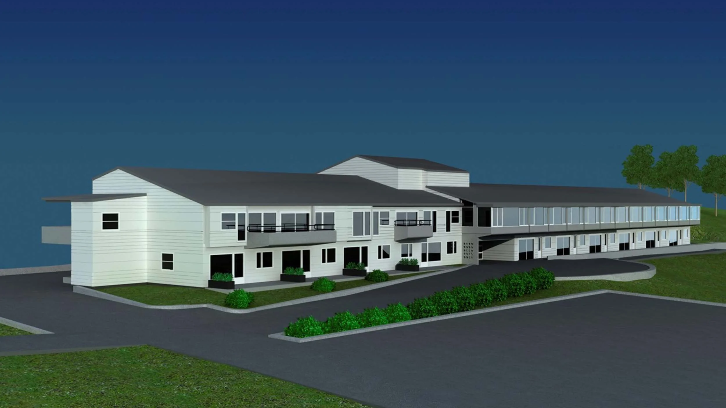 En digital 3D-modell av en moderne, hvit bygning med flere etasjer, store vinduer og balkonger, omgitt av grønt gress og trær, med en mørk himmel i bakgrunnen.