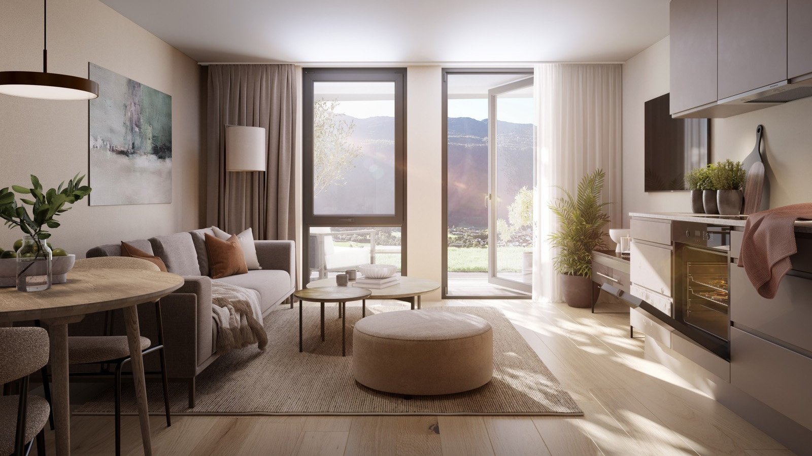 Et moderne oppholdsrom med stor sofa, rund salongbord, puff, spisebord med stoler, og en kjøkkenkrok med ovn. Store vinduer og dør som åpner mot en utsikt med fjell og grøntområde.