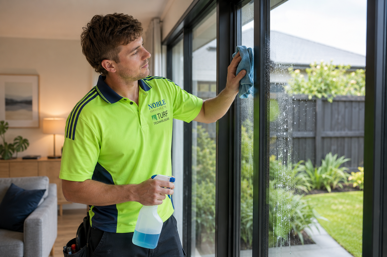 A man in a neon green and navy uniform cleaning a large glass window with a blue cloth, holding a spray bottle in his hand, inside a room with a living room visible.