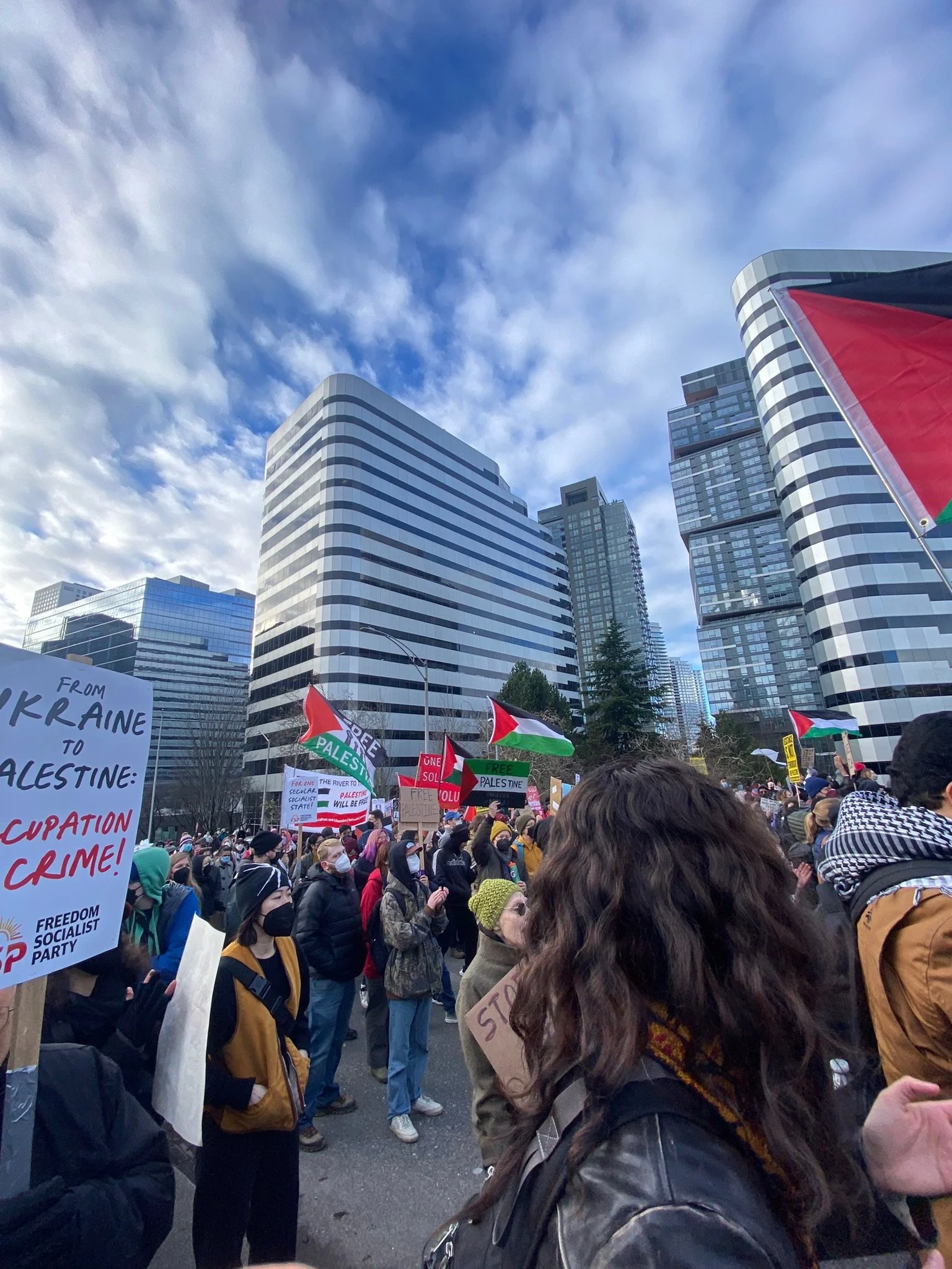 Protesters gather in a city street, holding signs and flags. The crowd is diverse, with many wearing masks. Modern tall buildings and a cloudy sky are visible in the background.