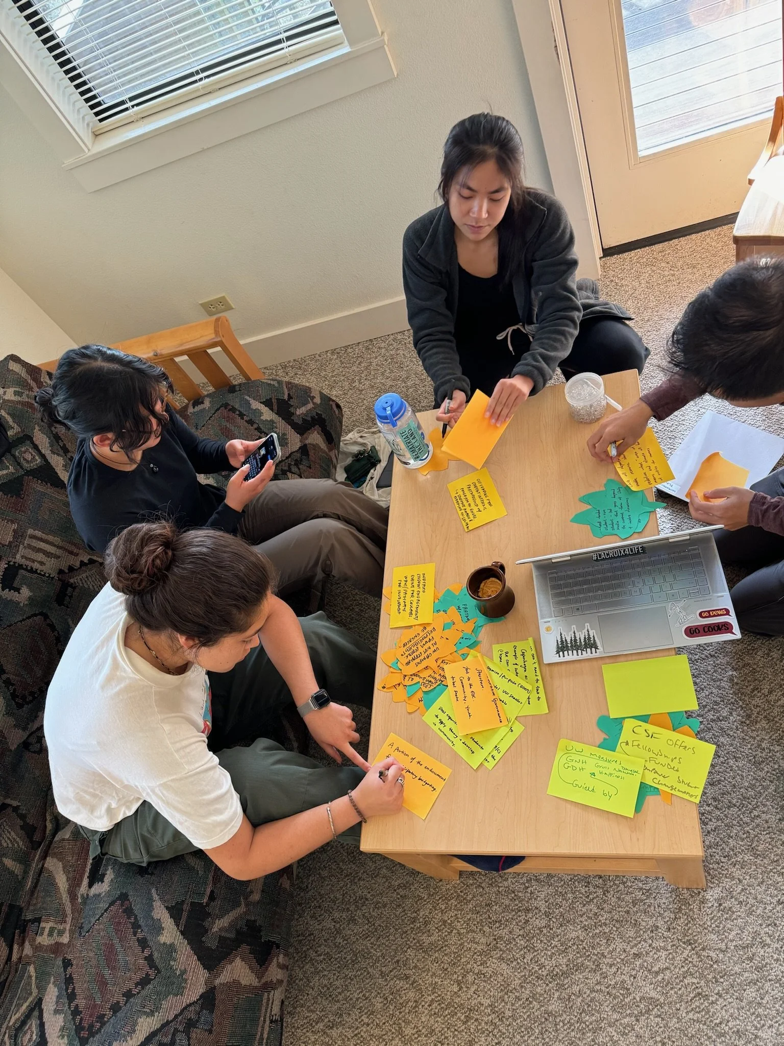 Group of people sitting around a rectangular table, working on colorful sticky notes, with a woman in a white shirt writing on one, and others engaging in a collaborative activity.