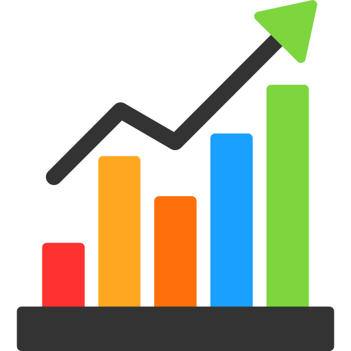 A colorful bar chart with increasing bars from left to right and a black upward trend arrow.