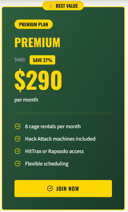 Advertisement for a premium plan costing $290 per month, including 8 cage rentals, hack attack machines, HitTrax or Rapsodo access, and flexible scheduling, with a join now button.