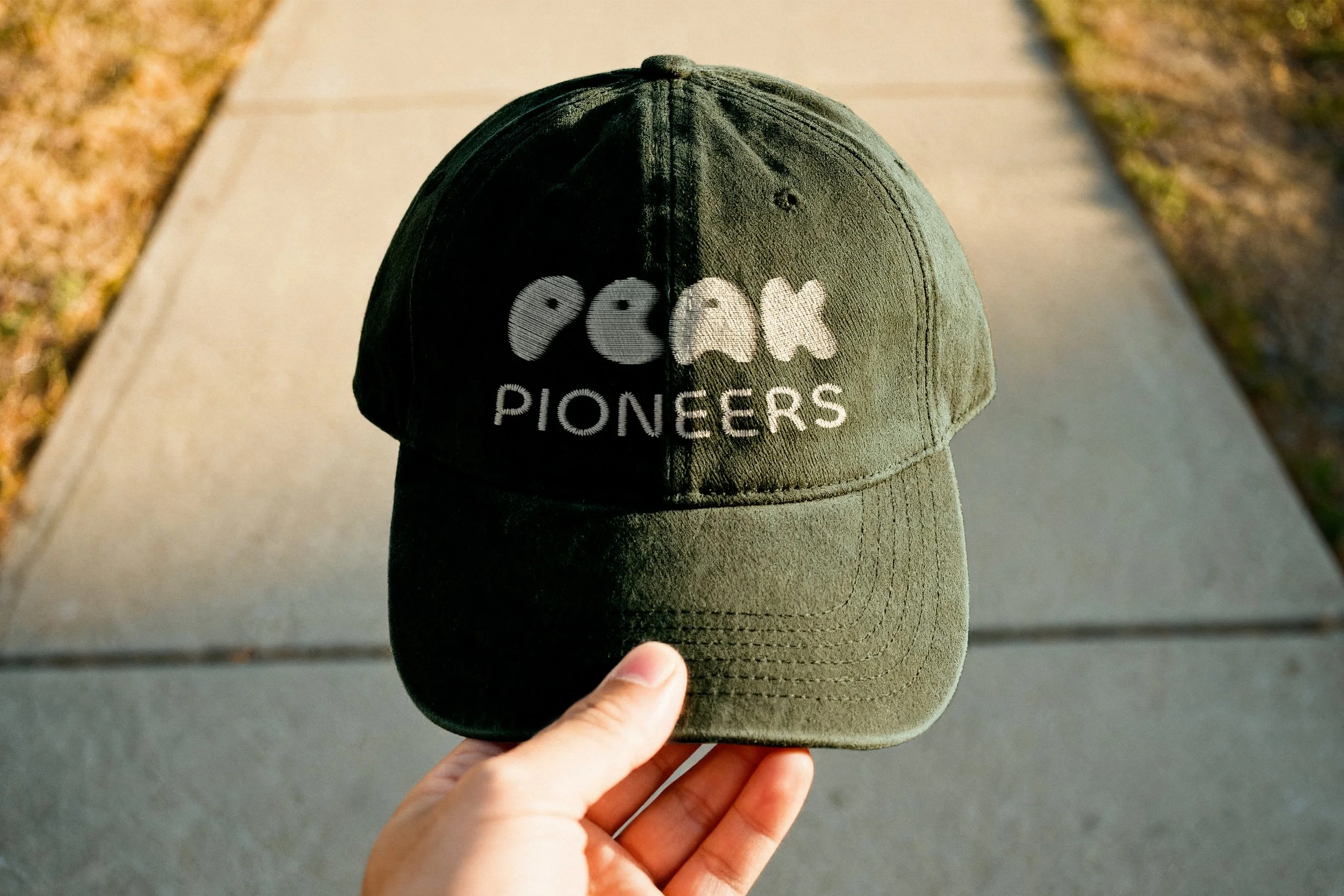 A beige baseball cap with a white embroidered logo and the word 'PIONEERS' being held by a person's hand on a sidewalk.