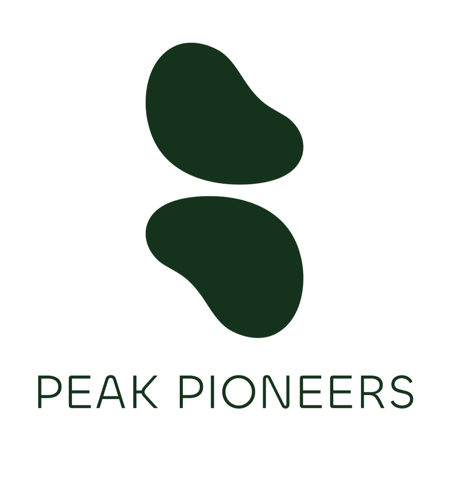 A logo for Peak Pioneers featuring two overlapping irregular dark green shapes resembling mountain peaks and the company name in uppercase letters below.