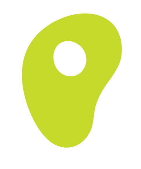 A stylized green map pin icon with a circular hole near the top center, set against a black background.