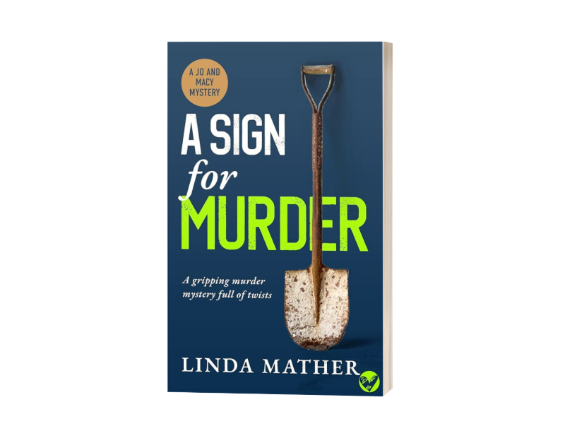 A sign for murder book cover, blue cover with sans serif text that says 'a sign for murder' with a shovel featured.