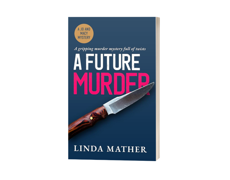 Blue book cover with sans serif text 'a future murder' and a n image of a knife.