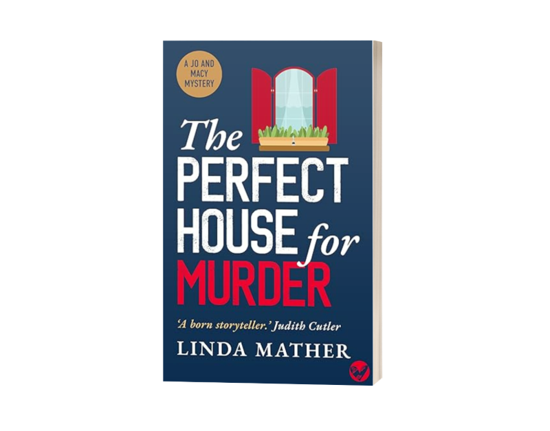 Blue book cover with sans serif text 'the perfect house for murder' and a illustrated drawing of a window with shutters.