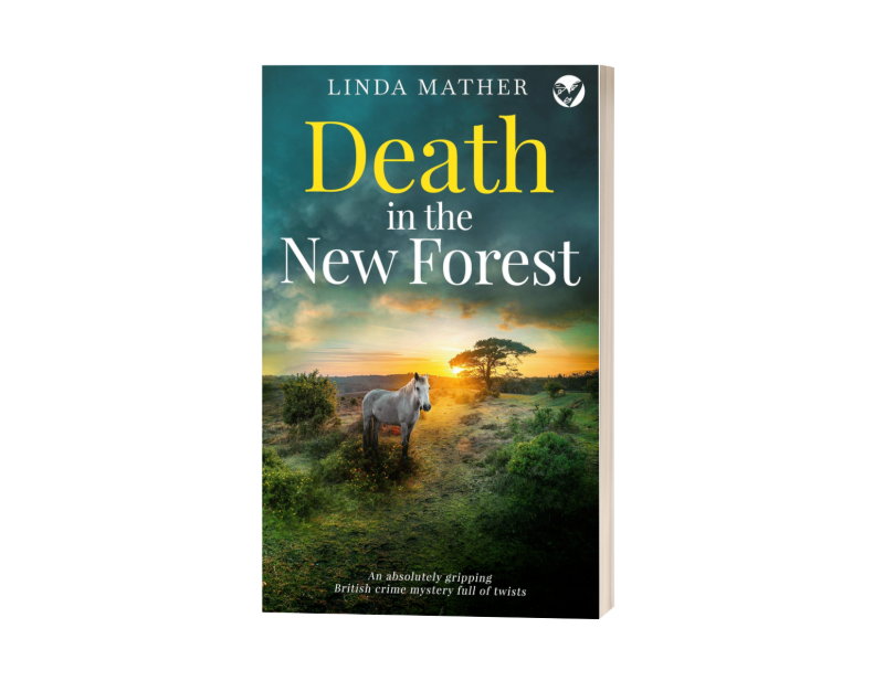 Book cover titled 'Death in the New Forest' by Linda Mather, featuring a landscape with a pathway, trees, and a white horse at sunset.
