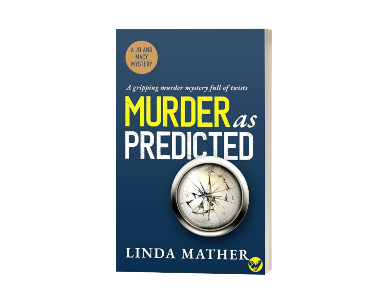 Blue book cover with sans serif text 'murder as predicted' featuring an image of a compass