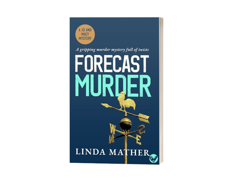 Forecast murder book cover, blue book cover with sans serif text that says 'Forecast murder' and a brass weather dial