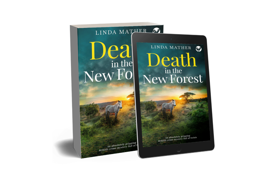 Paperback book and e-reader showing book cover which features an image of a horse in a field with the sun setting behind it and serif text that says 'death in the new forest'
