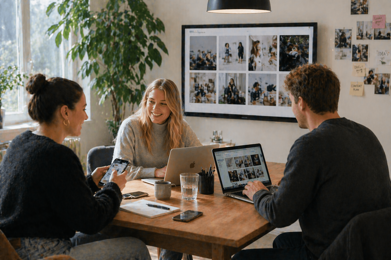 Tre mennesker som snakker og bruker laptop og mobil i et møterom, med fotografier på veggen og en stor plante i bakgrunnen.