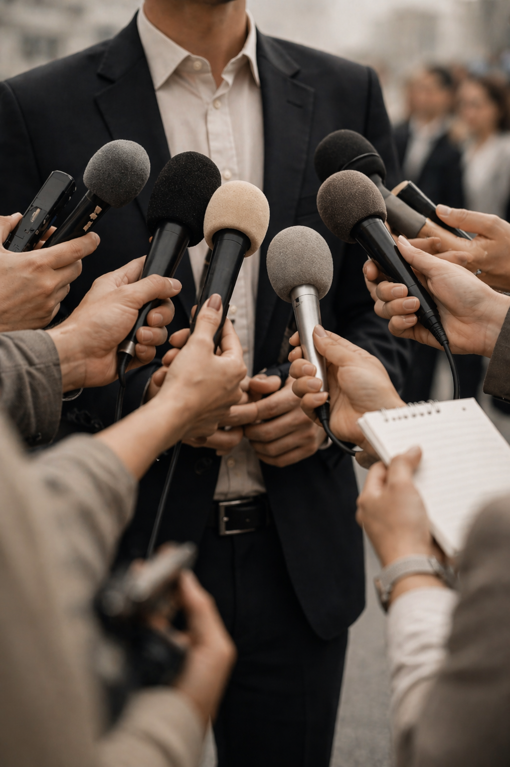 En mann i dress blir intervjuet av flere journalister som holder mikrofoner og notatblokk.