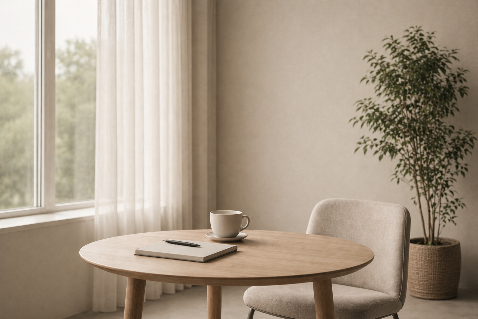 Et lyst og minimalistisk rom med et rundt trebord, en kopp, en notatbok og en penn. Det er en stor vindu med lyse, lette gardiner og en stor plante i en kurv.