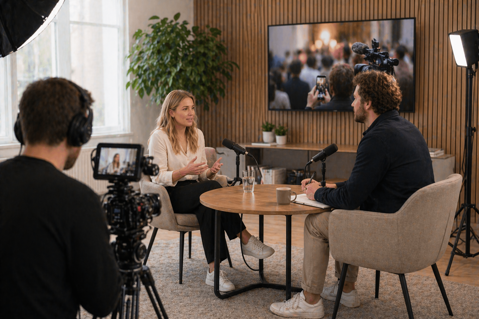 En kvinne blir intervjuet i et studio, med to mikrofons foran seg, mens en mann skriver notater. To personer står og filmer med profesjonelle kamera, og en person har kamera på skulderen. Bakgrunnen har tre små planter og en stor TV-skjerm på trepanel vegg.