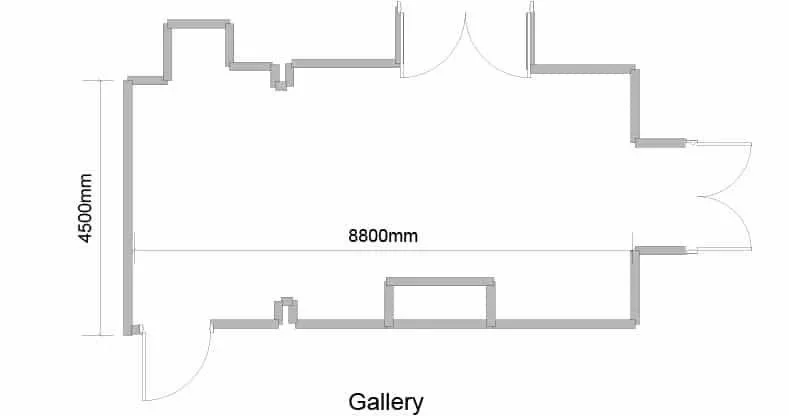 A detailed architectural floor plan of a gallery space, with dimensions 4,500mm x 8,800mm, with entry doors on multiple sides.