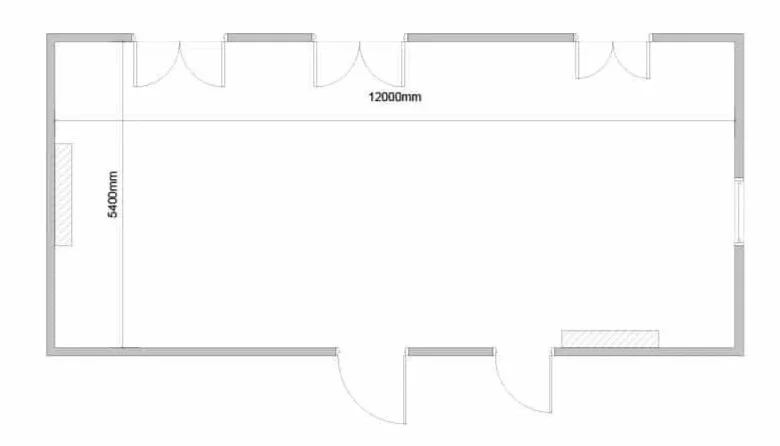 Floor plan of a rectangular room with dimensions 12,000mm by 5,400mm, featuring doors along the top side and a single door at the bottom center.