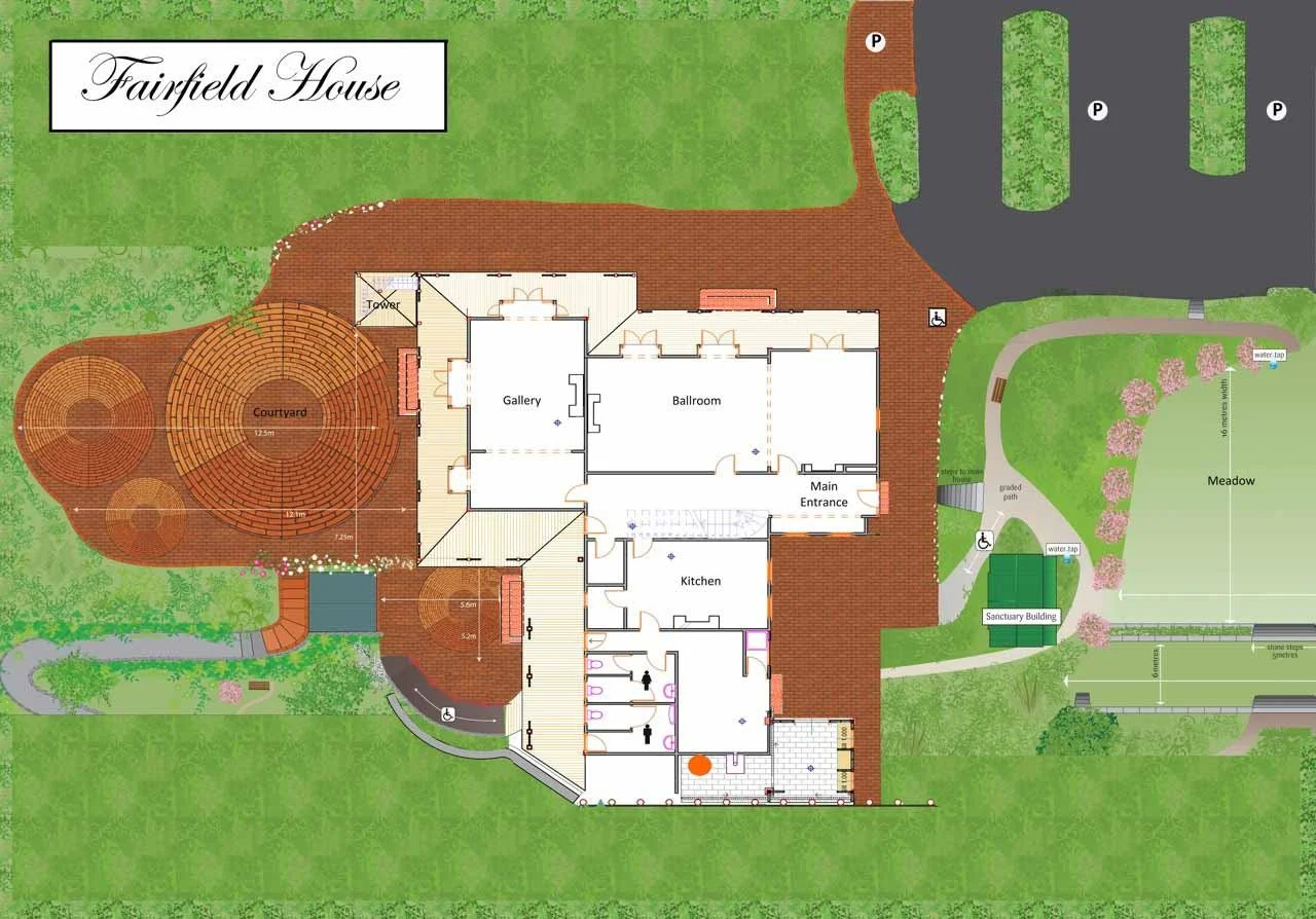 A colored site plan of a large house named Fairfield House showing building layout with a courtyard, gallery, ballroom, kitchen, main entrance, bathrooms, and surrounding outdoor areas including parking, a meadow, a sanctuary building, garden, and landscaped paths with trees and water taps.
