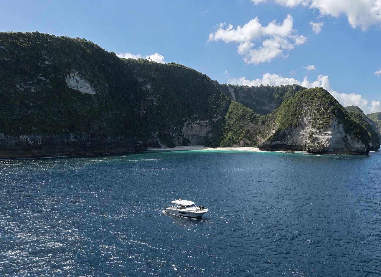 Kalm Charters vessel anchored in a protected bay during a half day private charter.