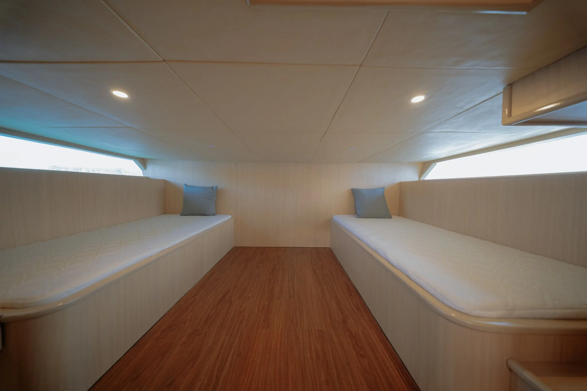 Air-conditioned cabin and helm area aboard the Kalm Charters private charter vessel.