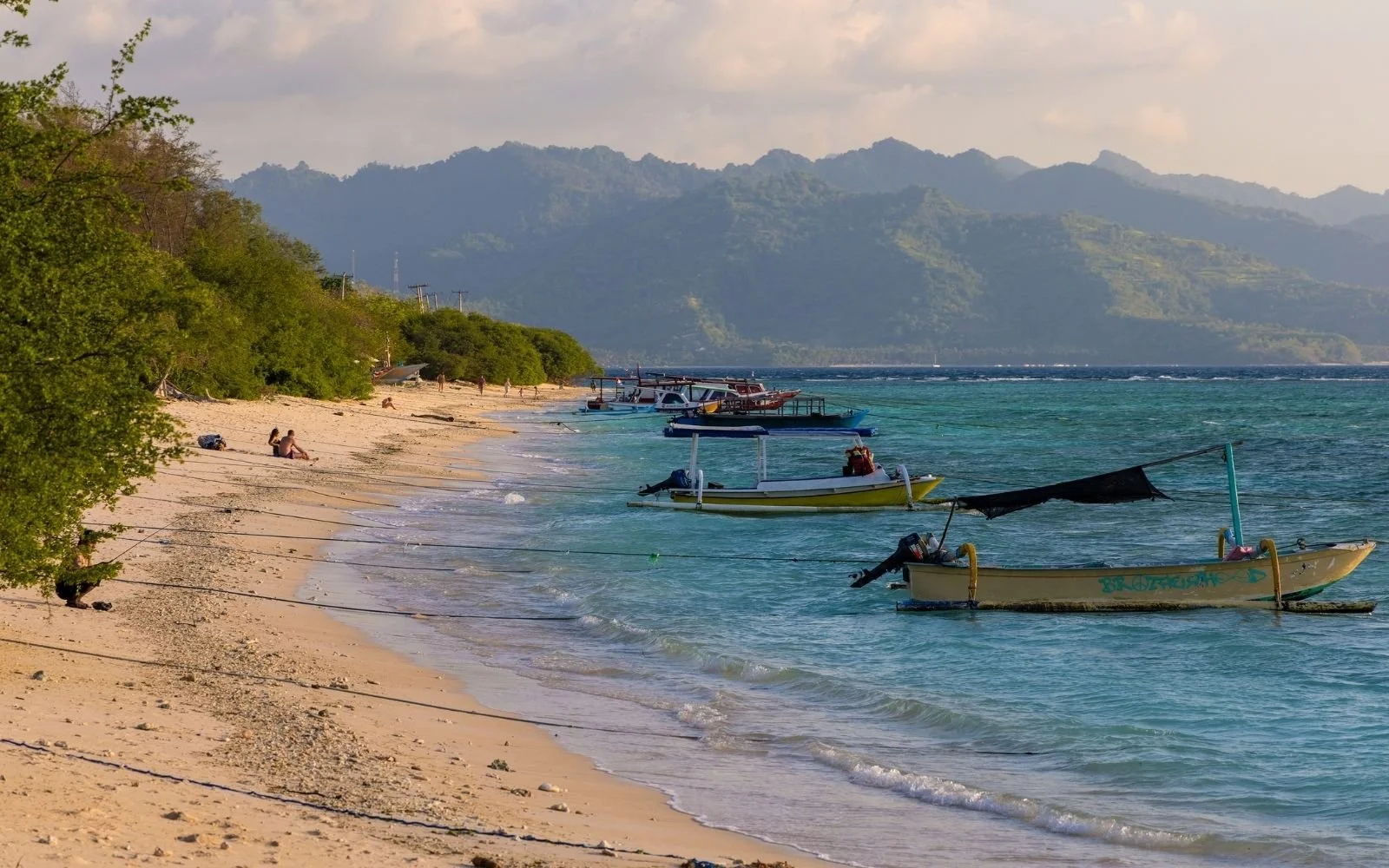 Boats anchored near a sandy beach with trees on the left and mountains in the background