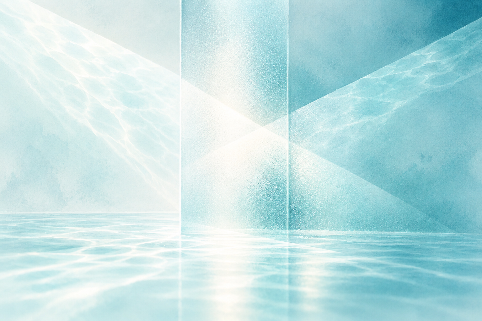 Two soft beams of light overlap through frosted glass above pale aqua water.